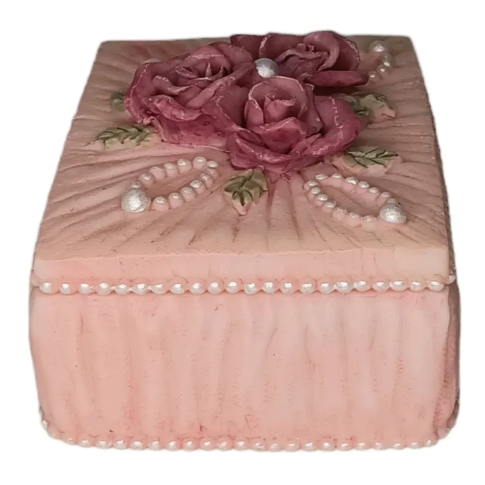 Dezine Pink Rose Pearl Ceramic Trinket Jewelry Box Vintage